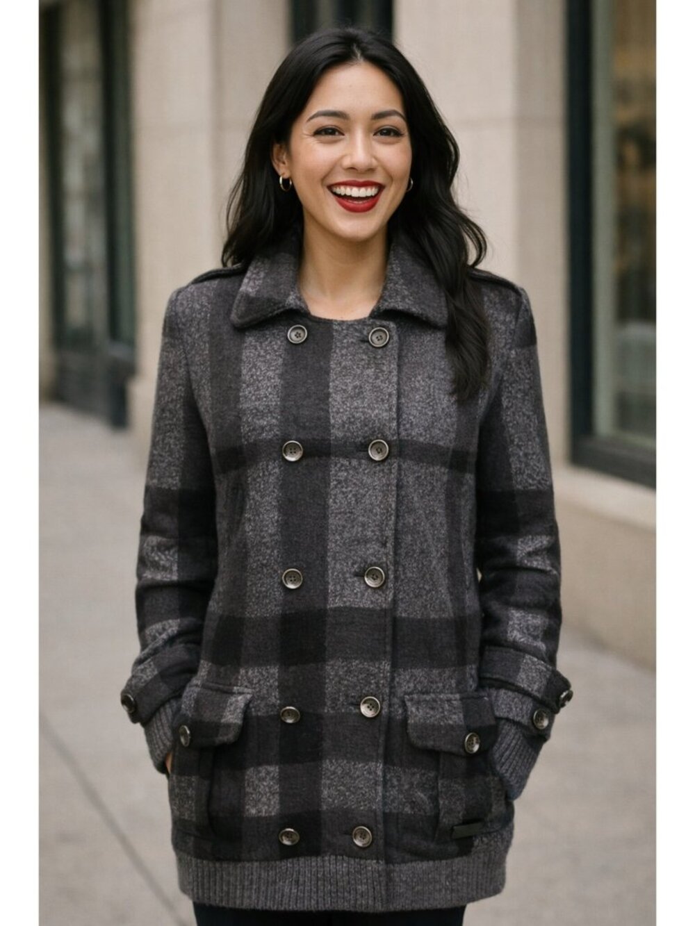 Burberry Brit Jacket Womens Gray Plaid Wool Blend Double-Breasted Peacoat Jacket